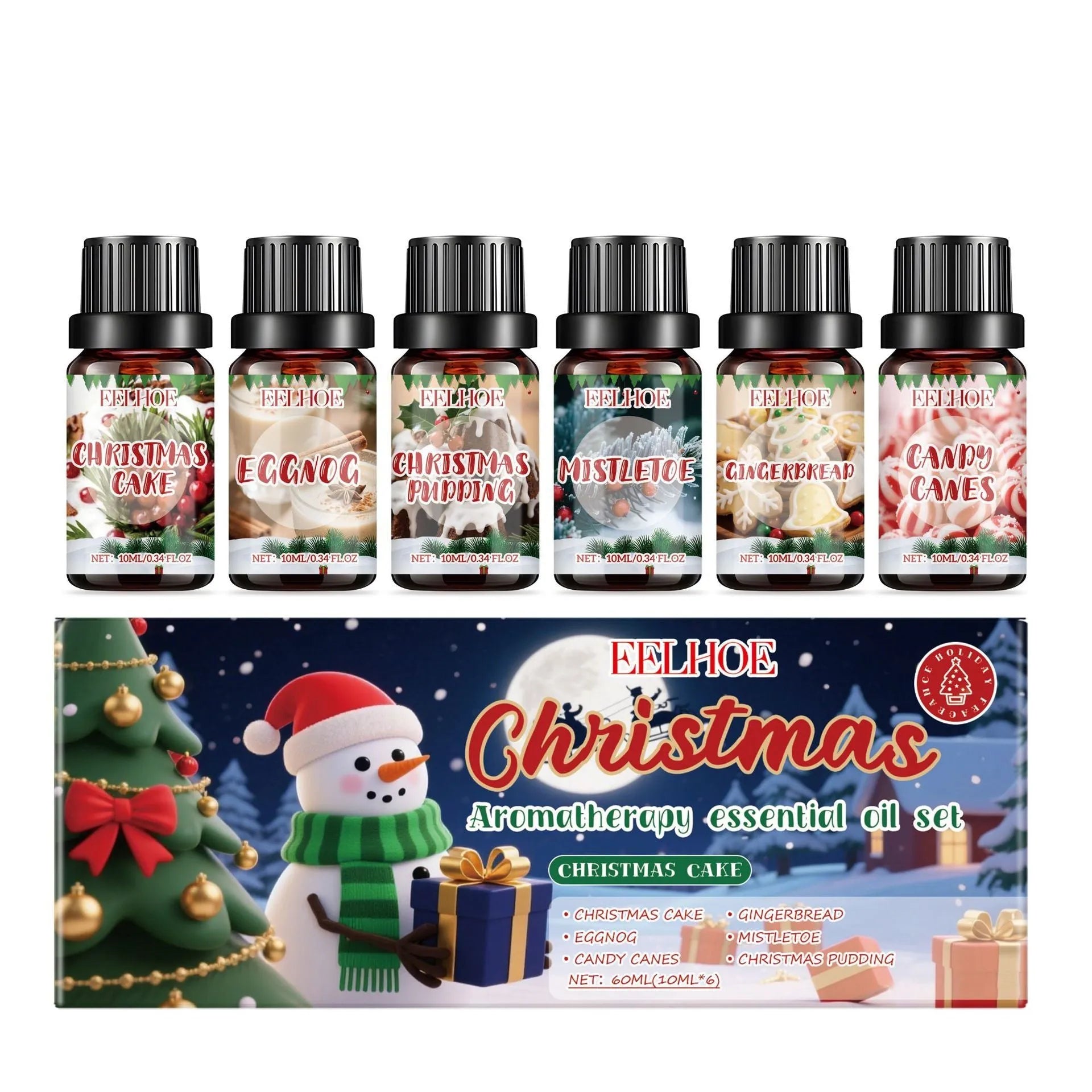 Christmas aromatherapy oil set showing six bottles with 60ml and 10ml sizes for diffusers
