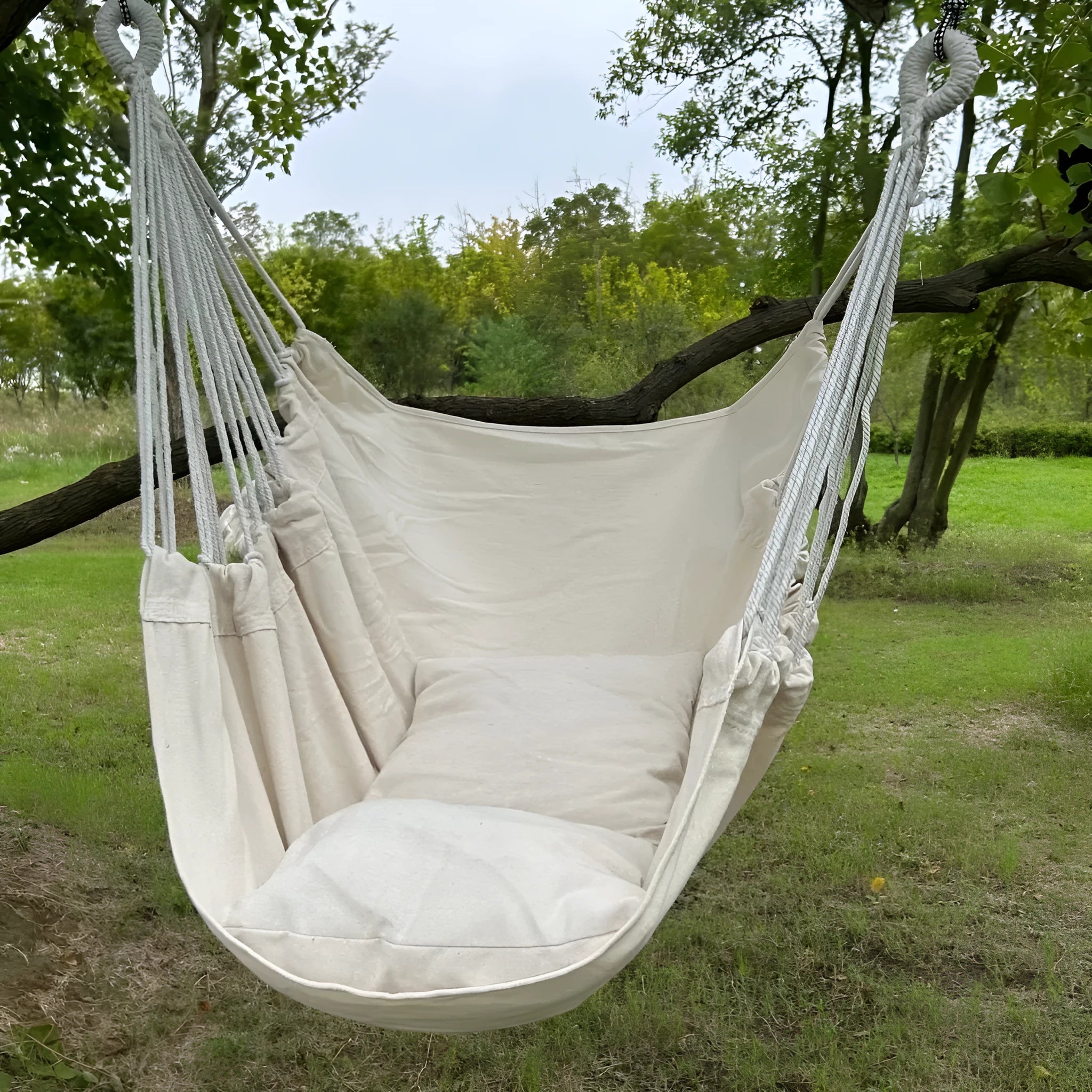 Folding canvas hammock chair with seat cushion and iron pipe in beige colour