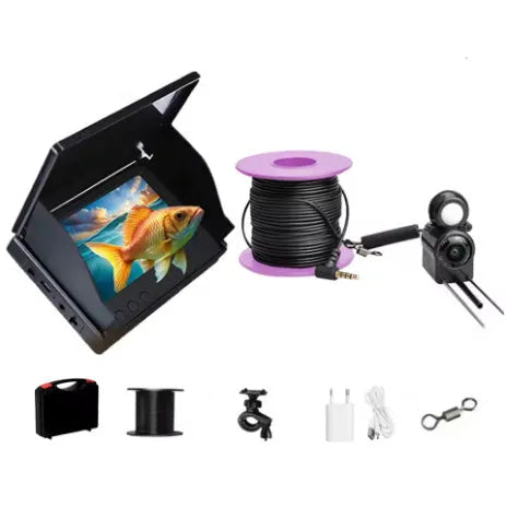 Underwater fishing finder camera with 4.3-inch screen, LED lights, and long cable for boat or ice fishing.