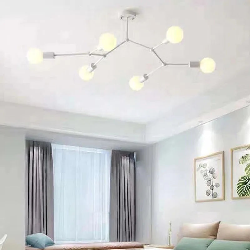 Iron Nordic style ceiling chandelier with multiple light heads in black or white finish
