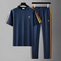 Men's ice silk style short sleeve suit set in blue colour with top and pants