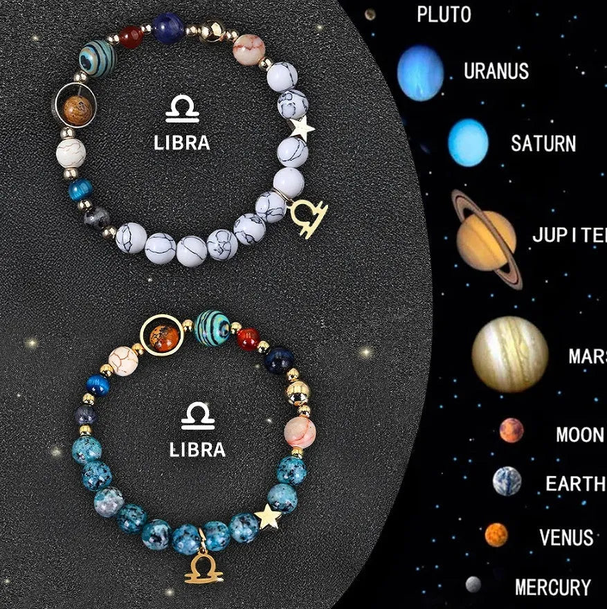 Set of twelve natural stone beaded bracelets featuring zodiac sign designs