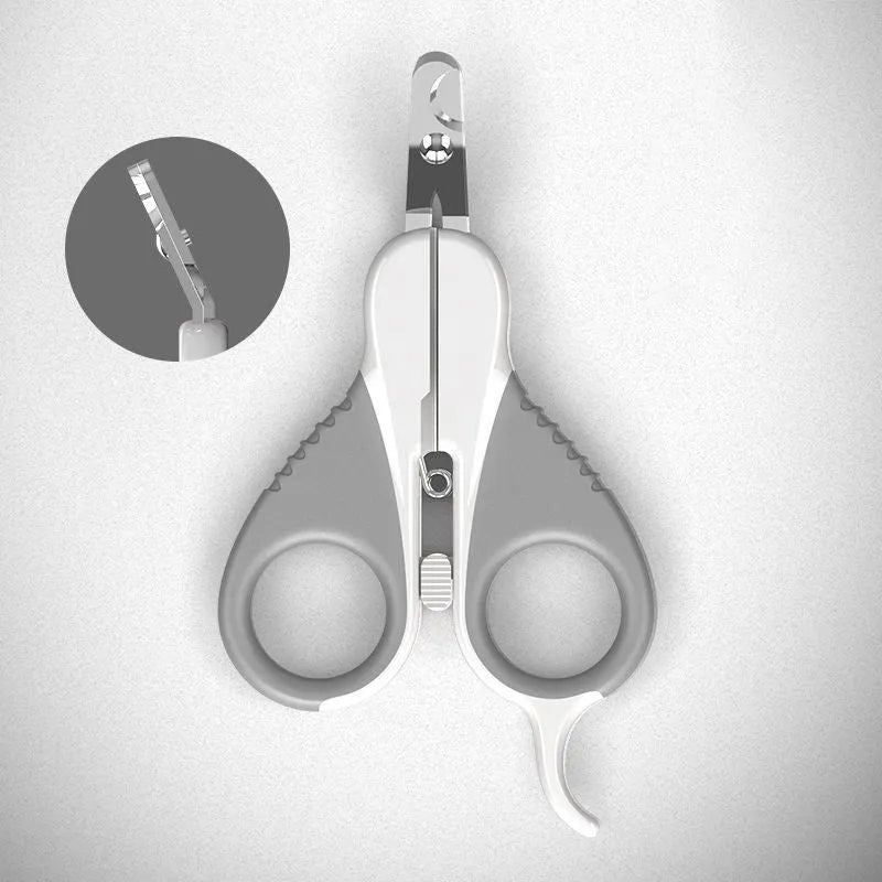 Grey and pink angled cat nail clippers with safety lock and rubberised handles.