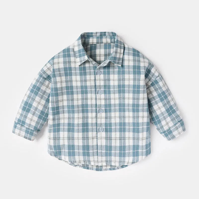 Boys cotton lattice print long sleeve shirt in khaki with animal cartoon pattern