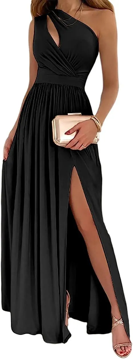 Women's one shoulder cocktail maxi dress with high side split in soft fabric