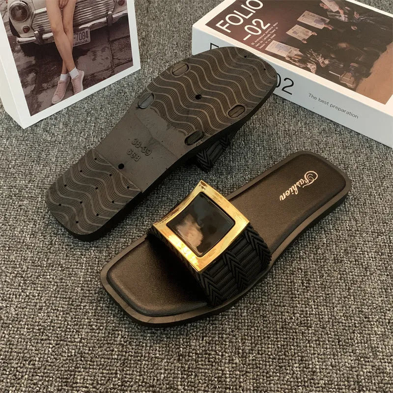 Women's casual apricot flat slippers with a waterproof PVC sole for summer.