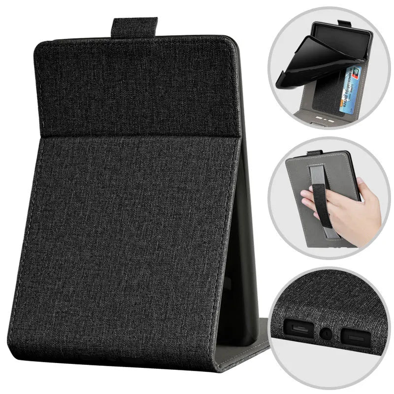 Black TPU leather protective case for a 6-inch Kindle Paperwhite e-reader, showing embossed texture and brackets style edges.
