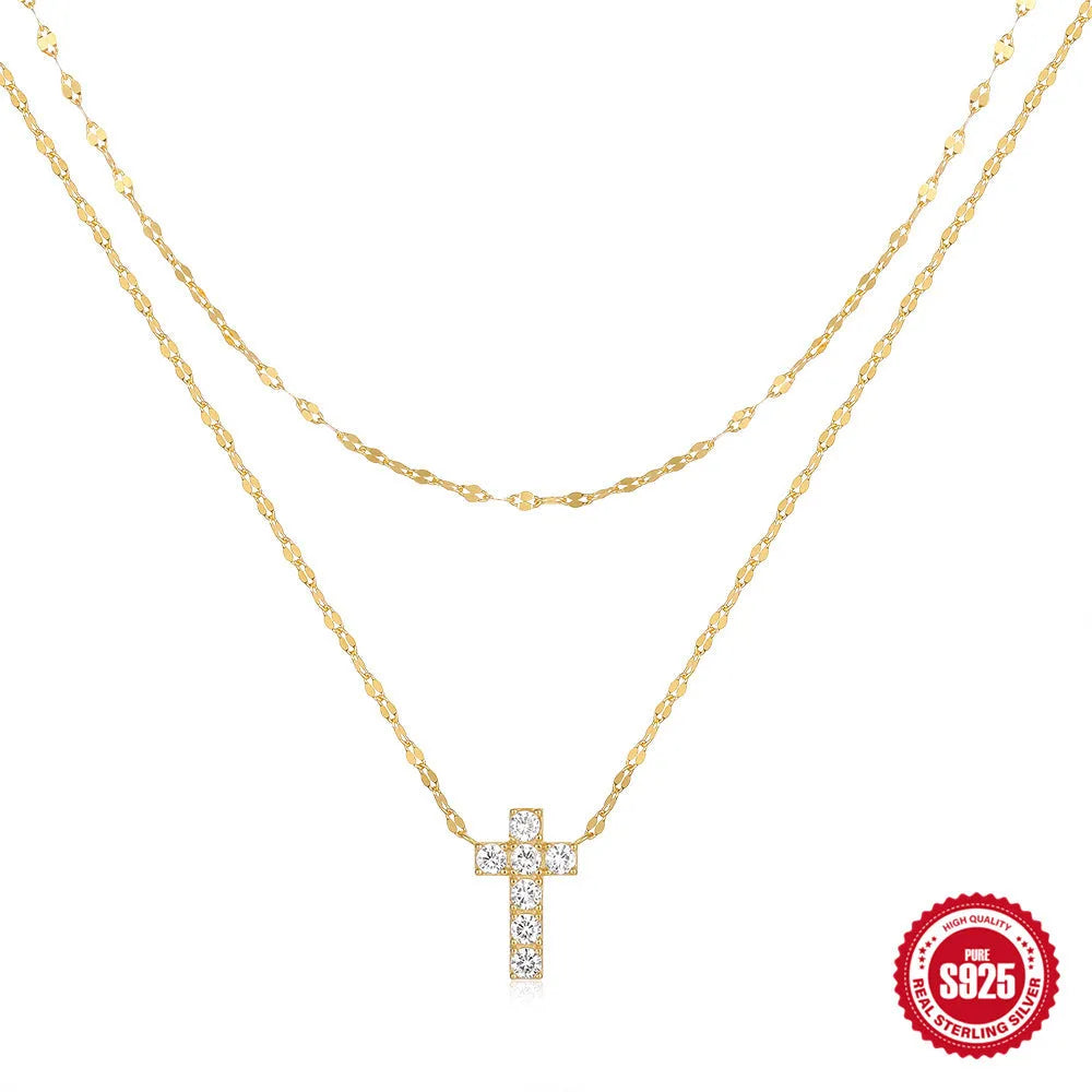 S925 sterling silver double layer twin diamond cross pendant necklace with clavicle chain in gold colour finish