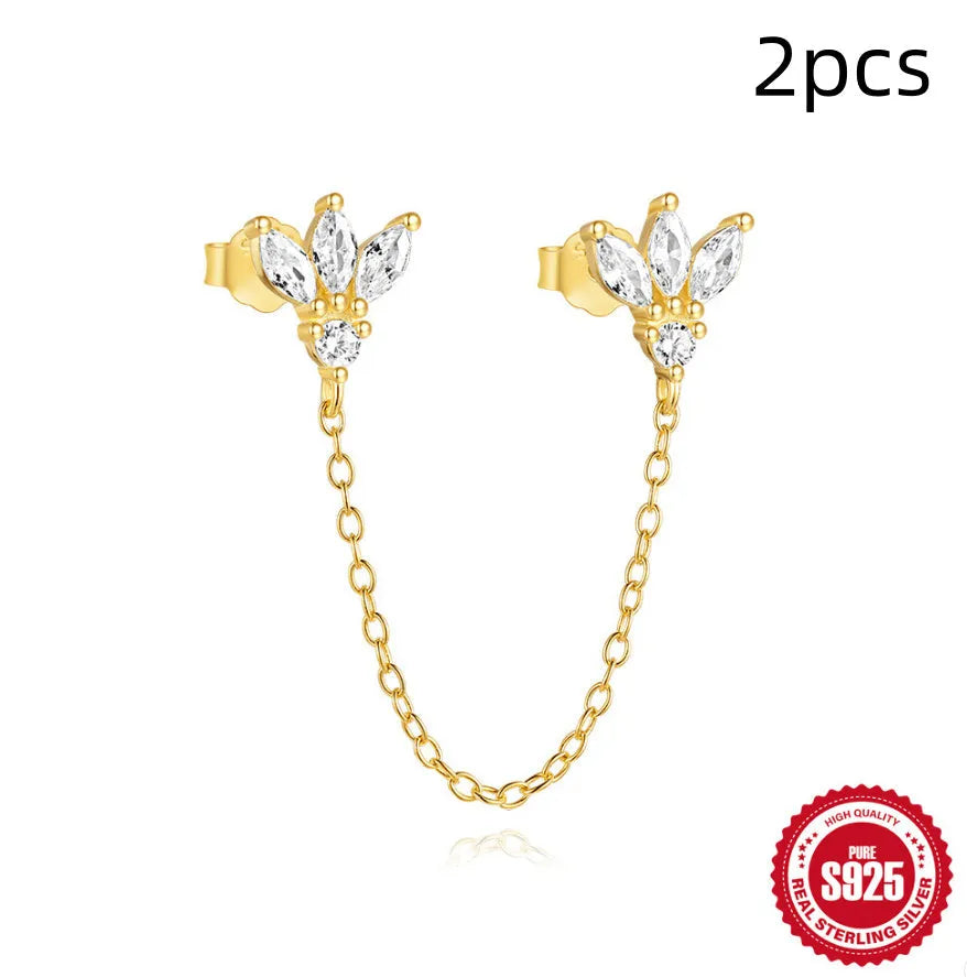 S925 sterling silver zircon stud earrings in golden geometric designs including clover, crown and chain styles