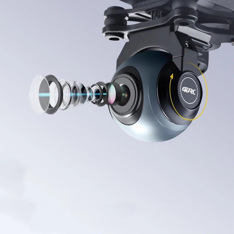 GPS quadrocopter with dual cameras and remote controller showing plastic construction and protective blade covers
