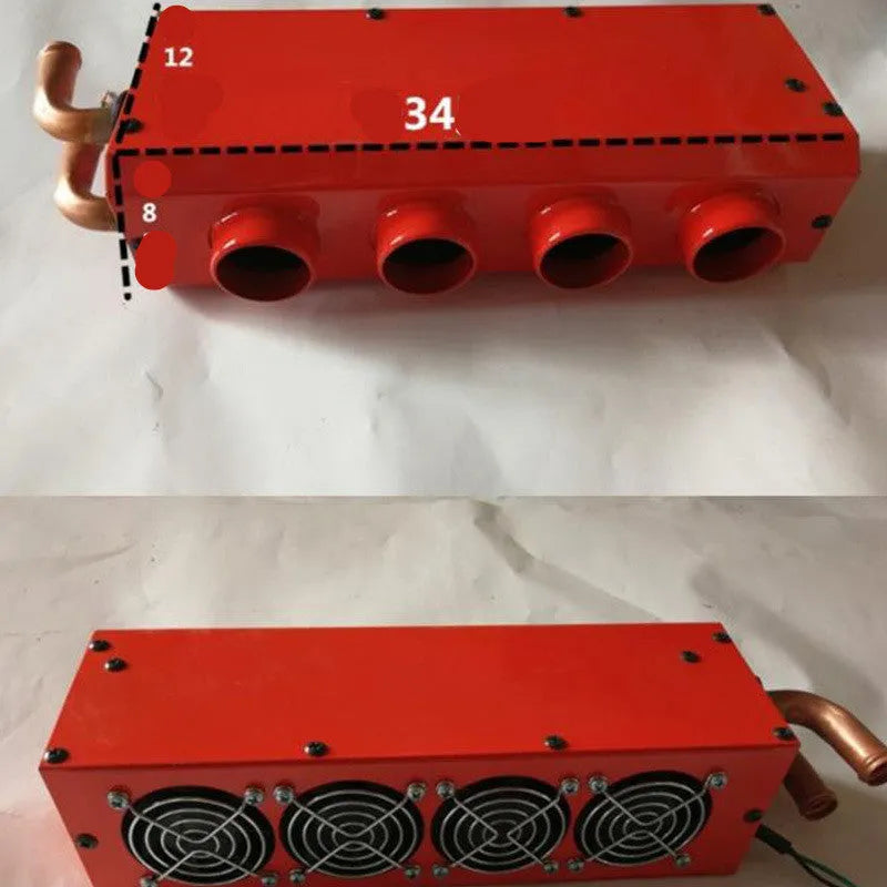 Metal car heater unit with four small copper pipe connectors for 12V/24V vehicle installation.