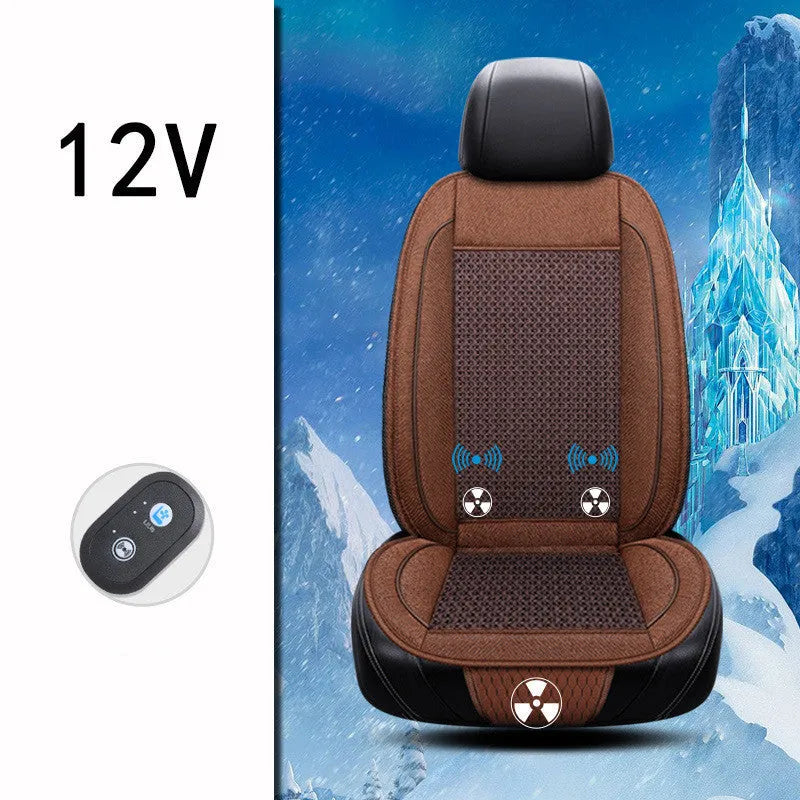 Black car ventilation seat cushion with massage function showing 60x60cm dimensions and power connection