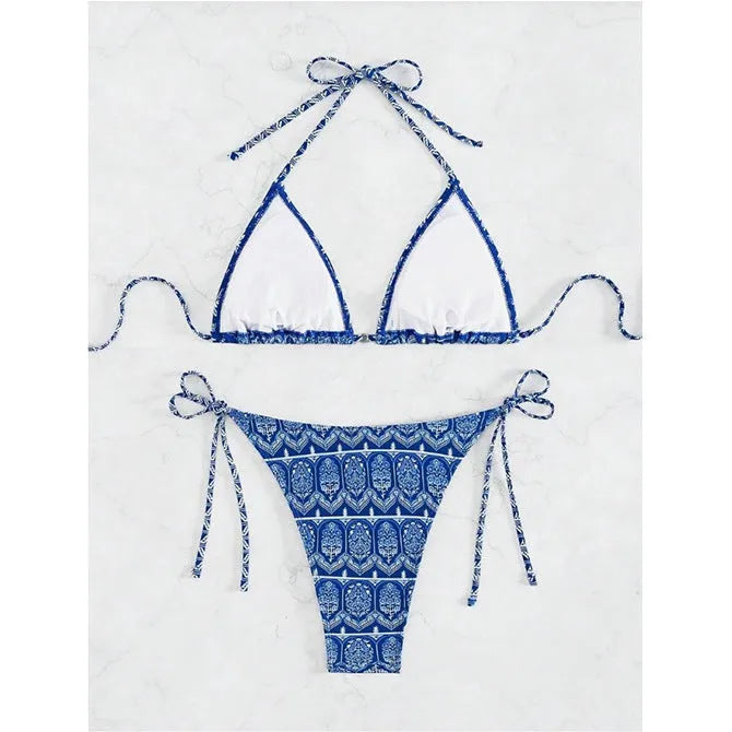 Women's split bikini swimsuit with stitching bandage design in polyester fabric