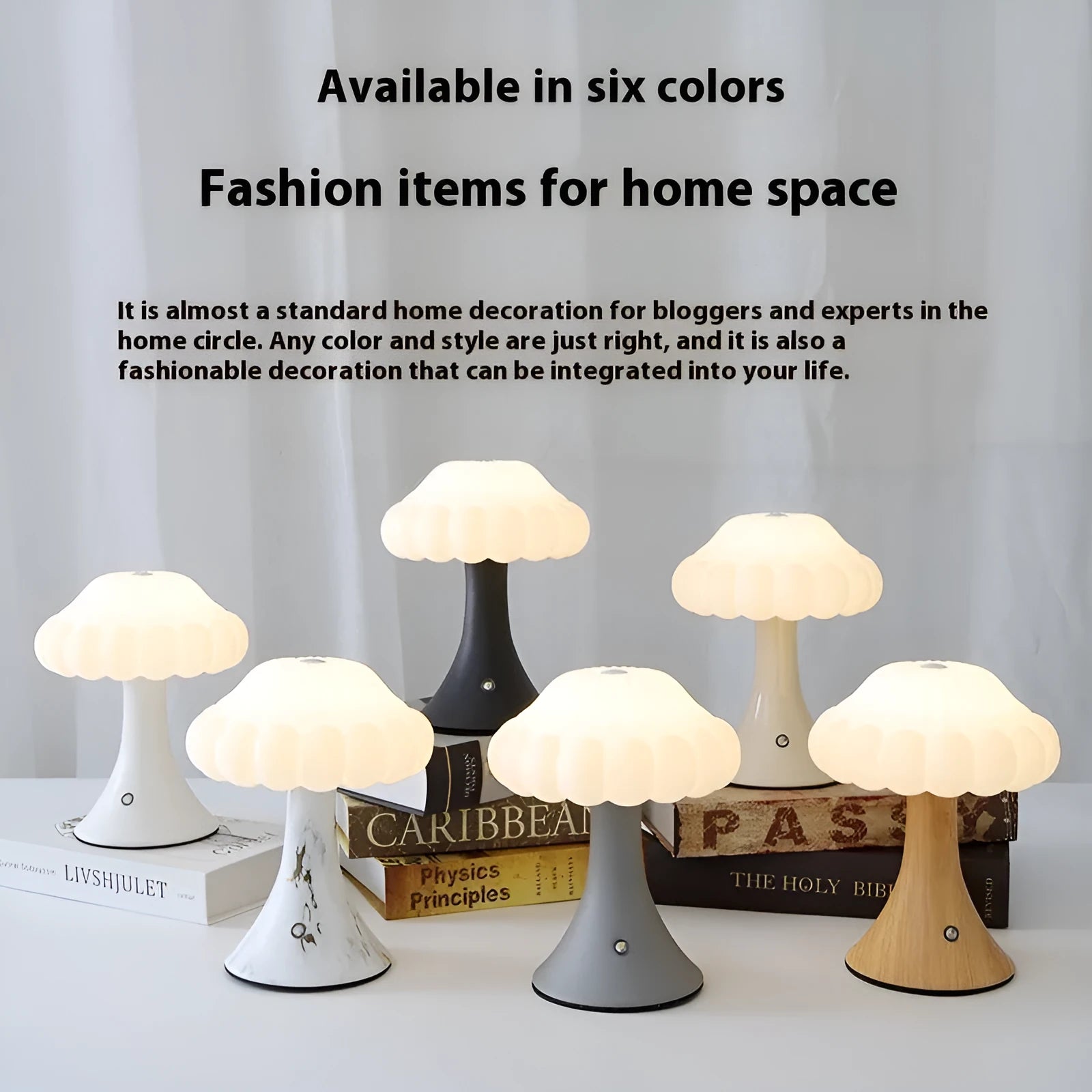 Mushroom-shaped touch control night lamp in wood grain colour on a wooden table.