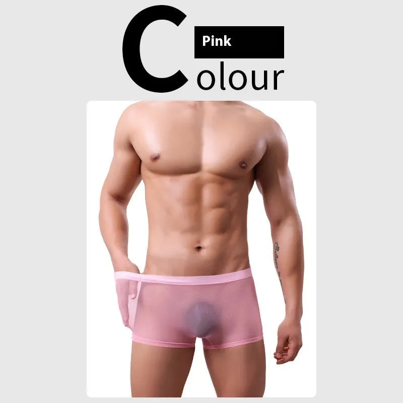 Men's low-waist mesh boxer briefs in six colours: black, white, green, sapphire blue, pink, and skin colour.