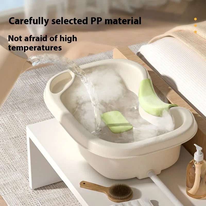 Light pink and beige plastic shampoo basin sets for bed use, showing adjustable neck pillow, water pump, and massage brush.