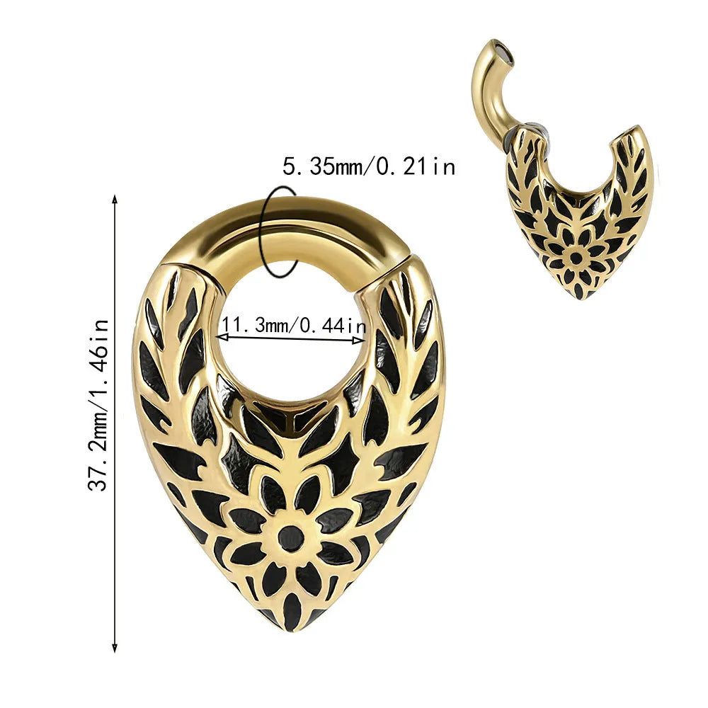 Stainless steel drop-shaped ear extender with totem design for stretched earlobes in style variations