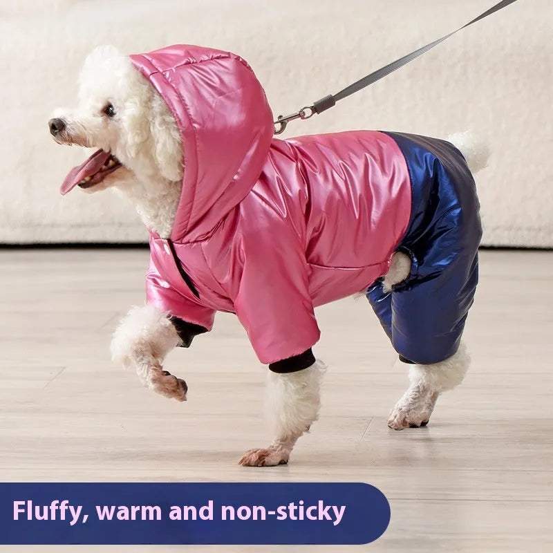 Waterproof windproof cotton-padded dog clothes with four-legged design in green, pink, or white colours