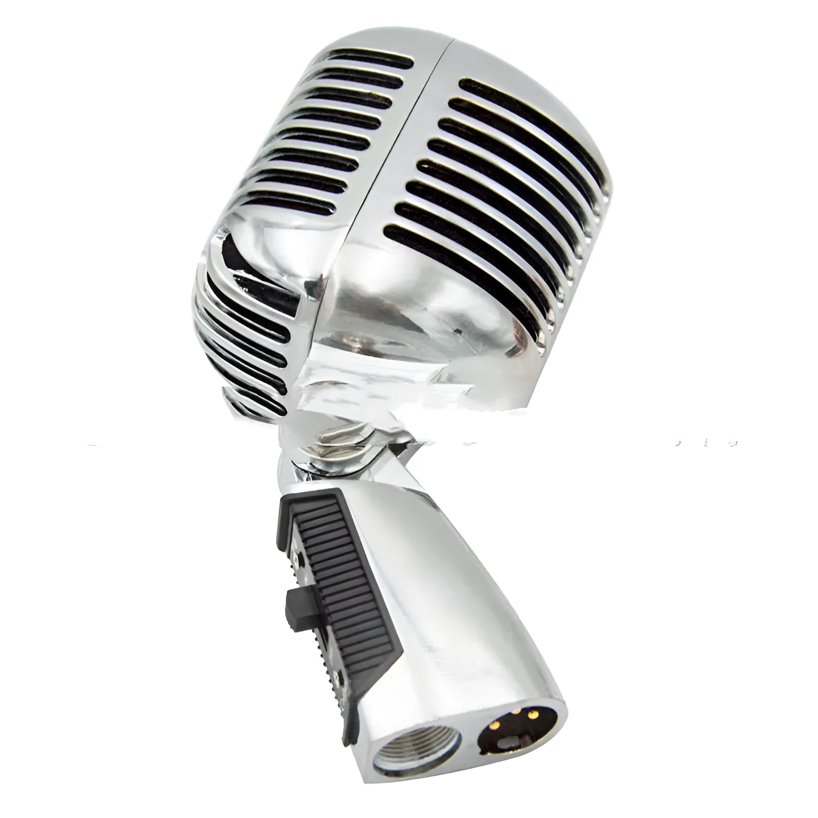 All-metal retro dynamic microphone in silver finish with measurements 185mm height by 80mm diameter