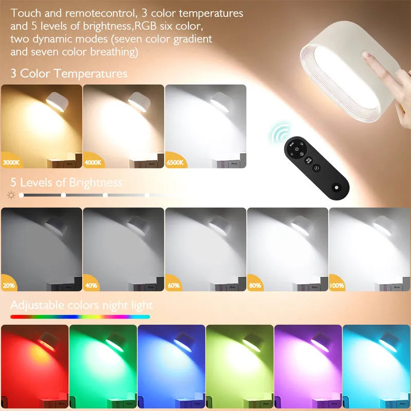 Oval-shaped remote touch magnetic wall lamp with adhesive back and magnetic rotation mount.