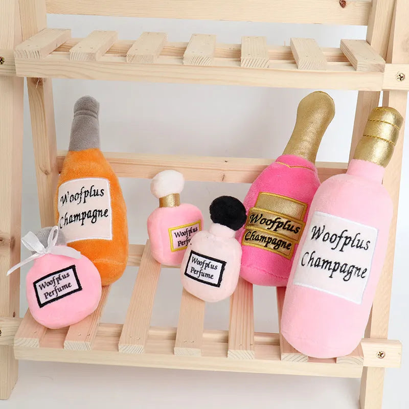 Soft plush wine bottle pet toy for dogs and cats in multiple colour variations