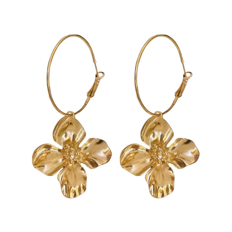 Metal flower geometric earrings with silver needle cold-processed style in gold or silver electroplated finish