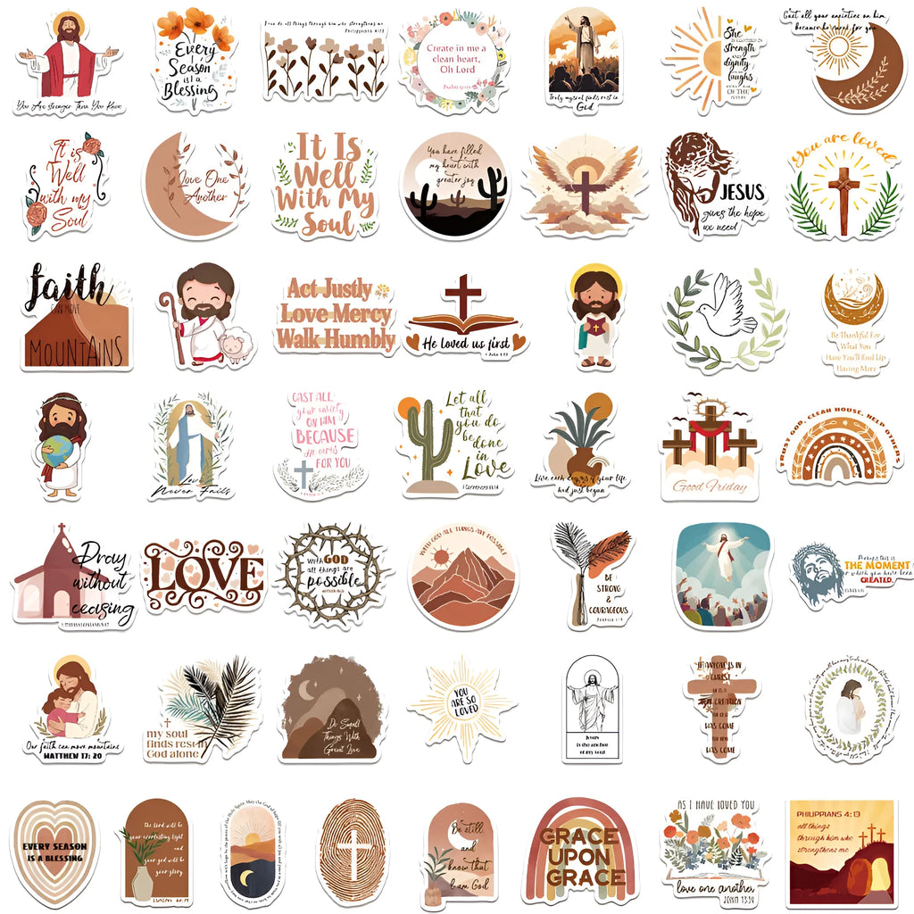 Assorted colourful graffiti stickers with random patterns laid out flat, set of 50 pieces.
