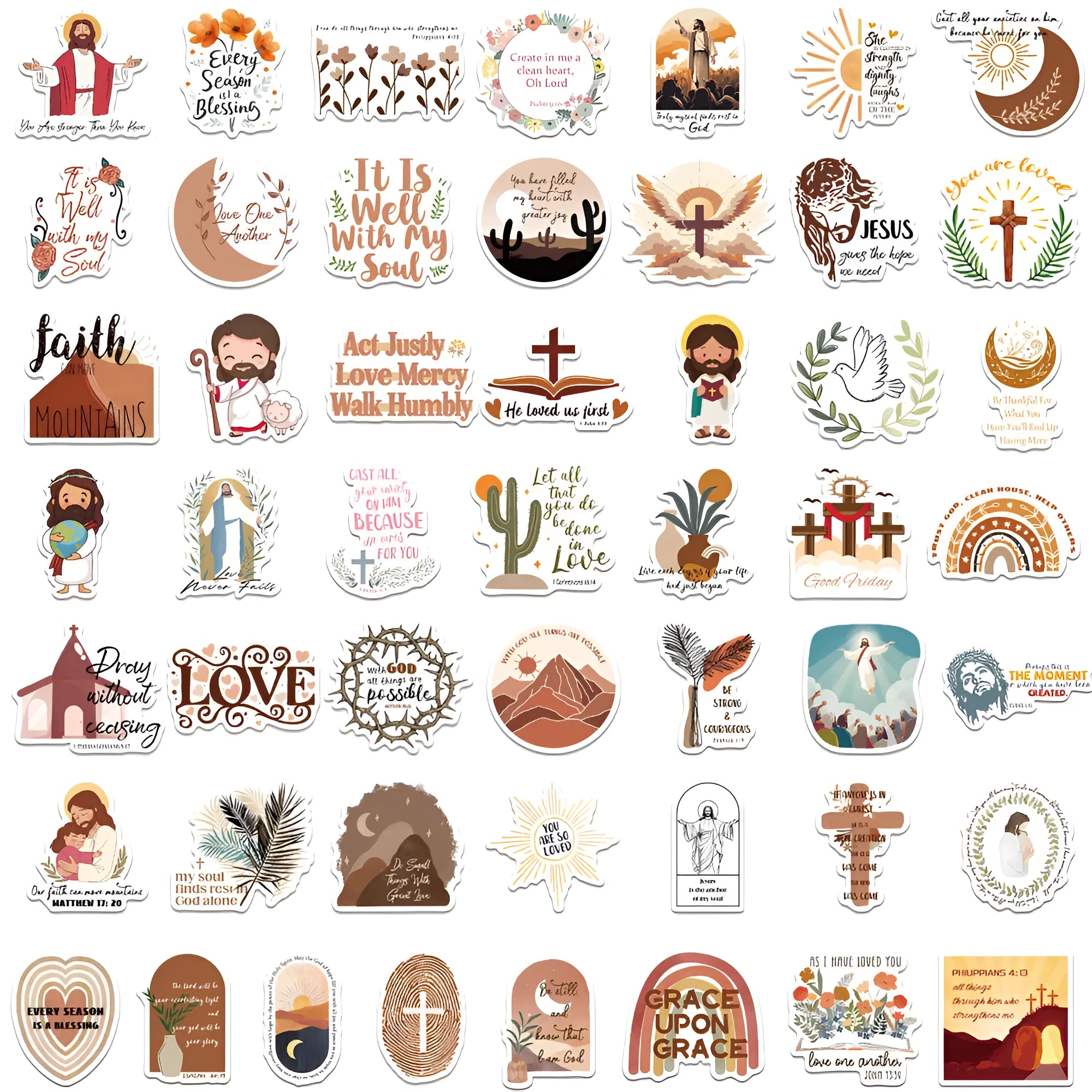 Assorted colourful graffiti stickers with random patterns laid out flat, set of 50 pieces.