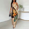Khaki strapless dress with butterfly print, mid-rise waist, mid-length skirt, sleeveless, milk silk fabric