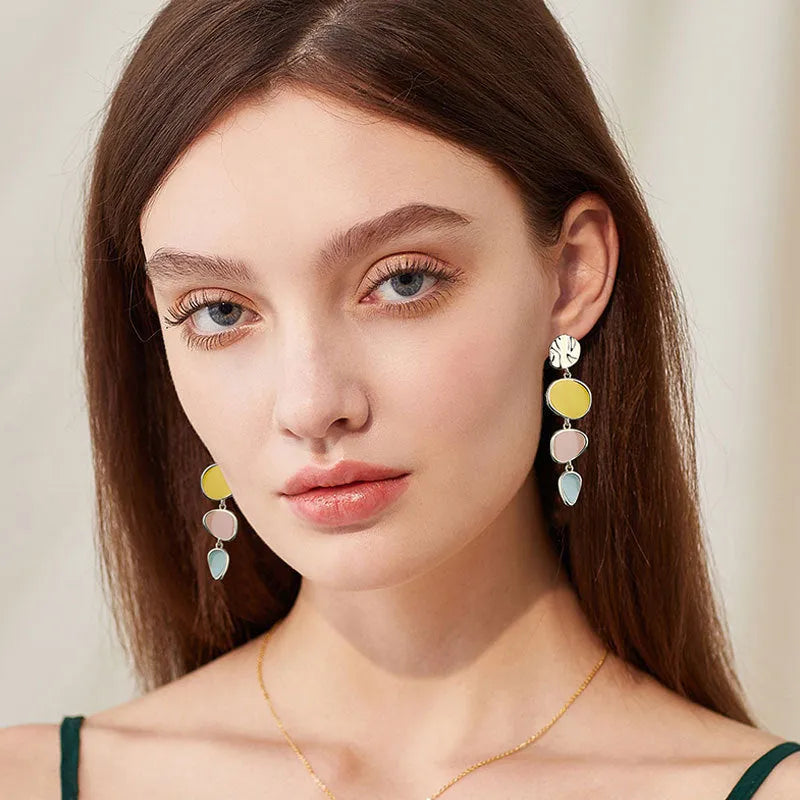 Morandi three-colour oil dripping disc earrings with sterling silver alloy needles