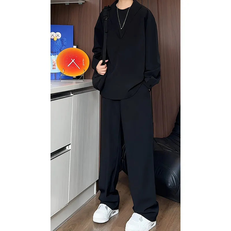 Men's black slim fit hemp polo shirt and trousers two-piece casual suit set on hanger