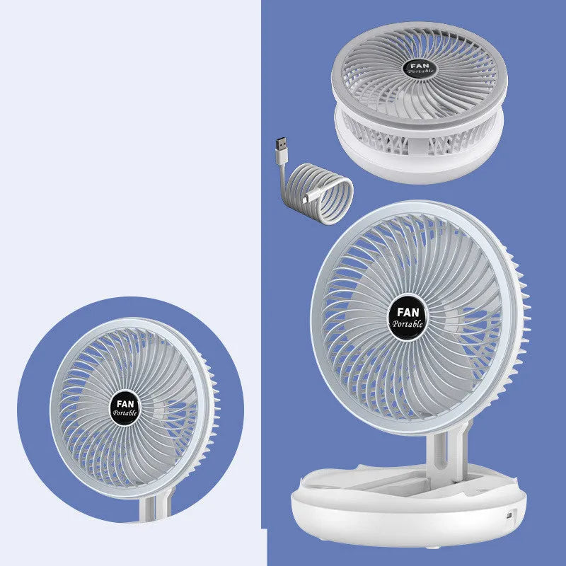 Blue or grey foldable USB desk fan with LED light showing wall mount and ceiling hanging options