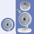 Blue or grey foldable USB desk fan with LED light showing wall mount and ceiling hanging options