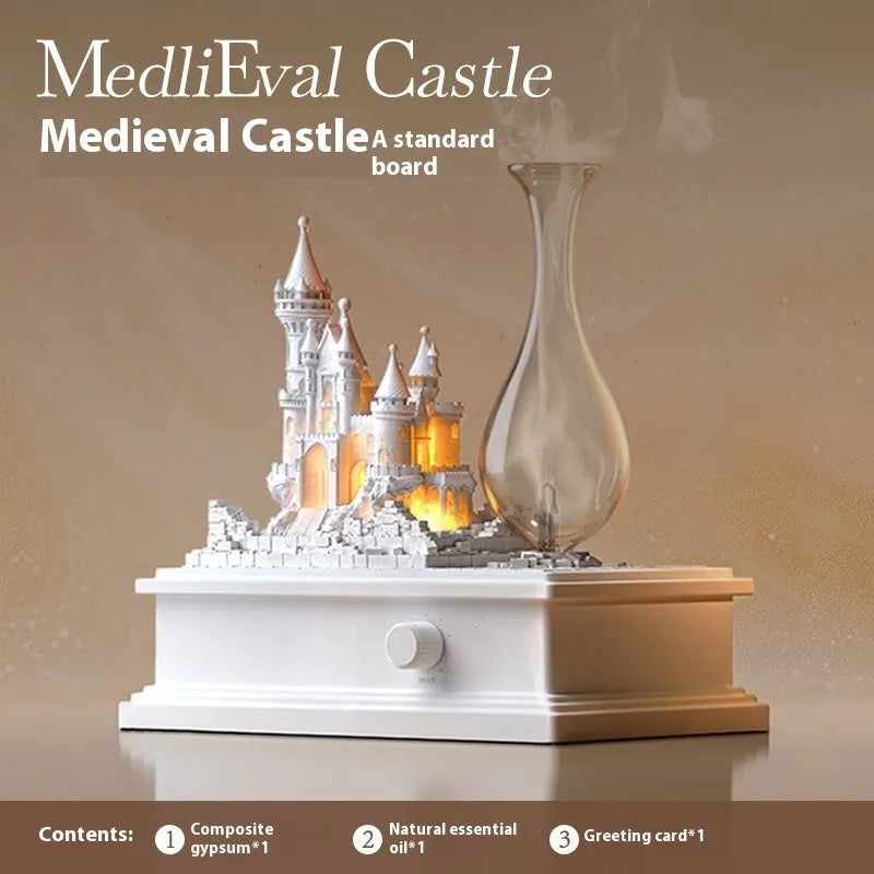 White medieval castle-shaped waterless aromatherapy machine with ambient light as a decorative ornament.
