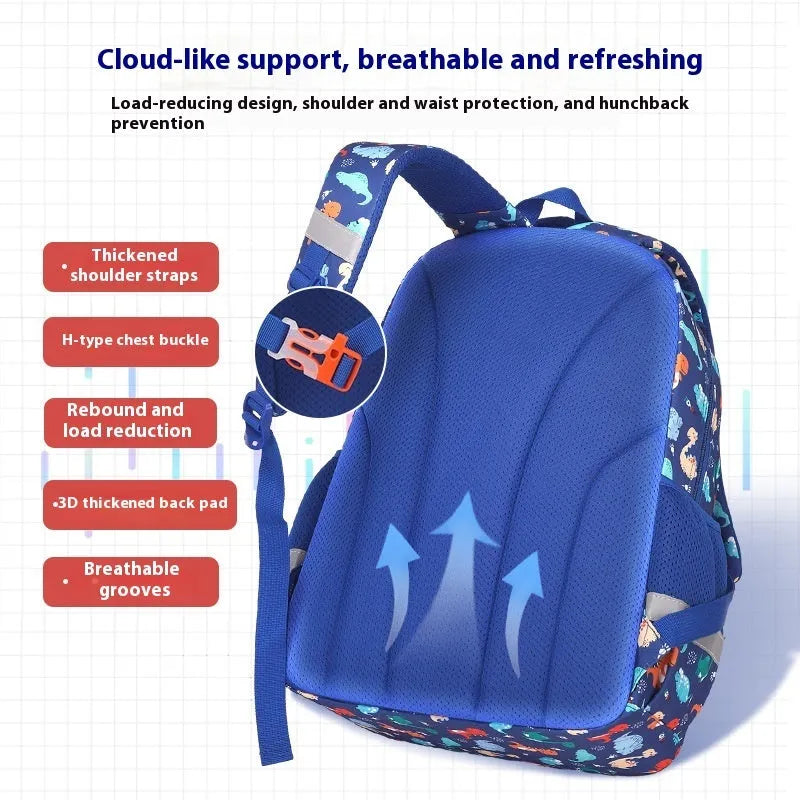Blue dinosaur print waterproof Oxford cloth children's school backpack with curved shoulder straps.