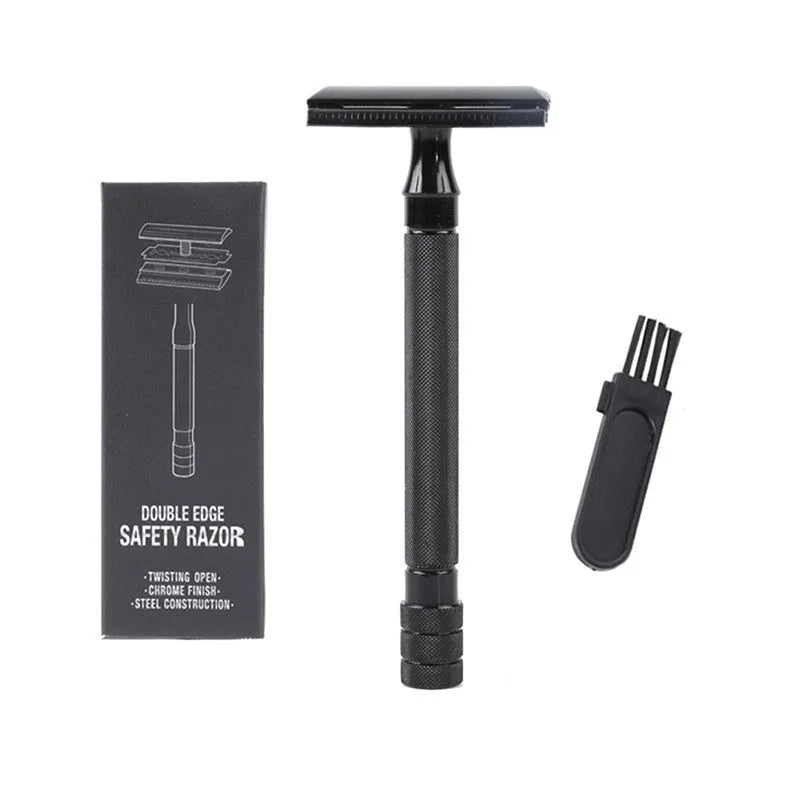Traditional manual shaving razor with metal scraper and brush in black or silver finish