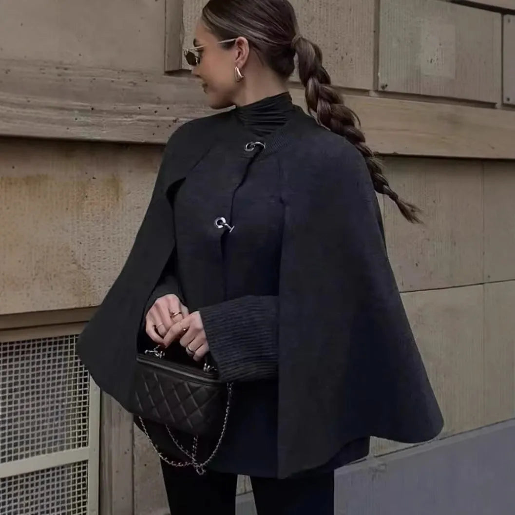 Cape round neck long sleeve knitted sweater coat in solid dark gray with regular sleeves for street fashion style