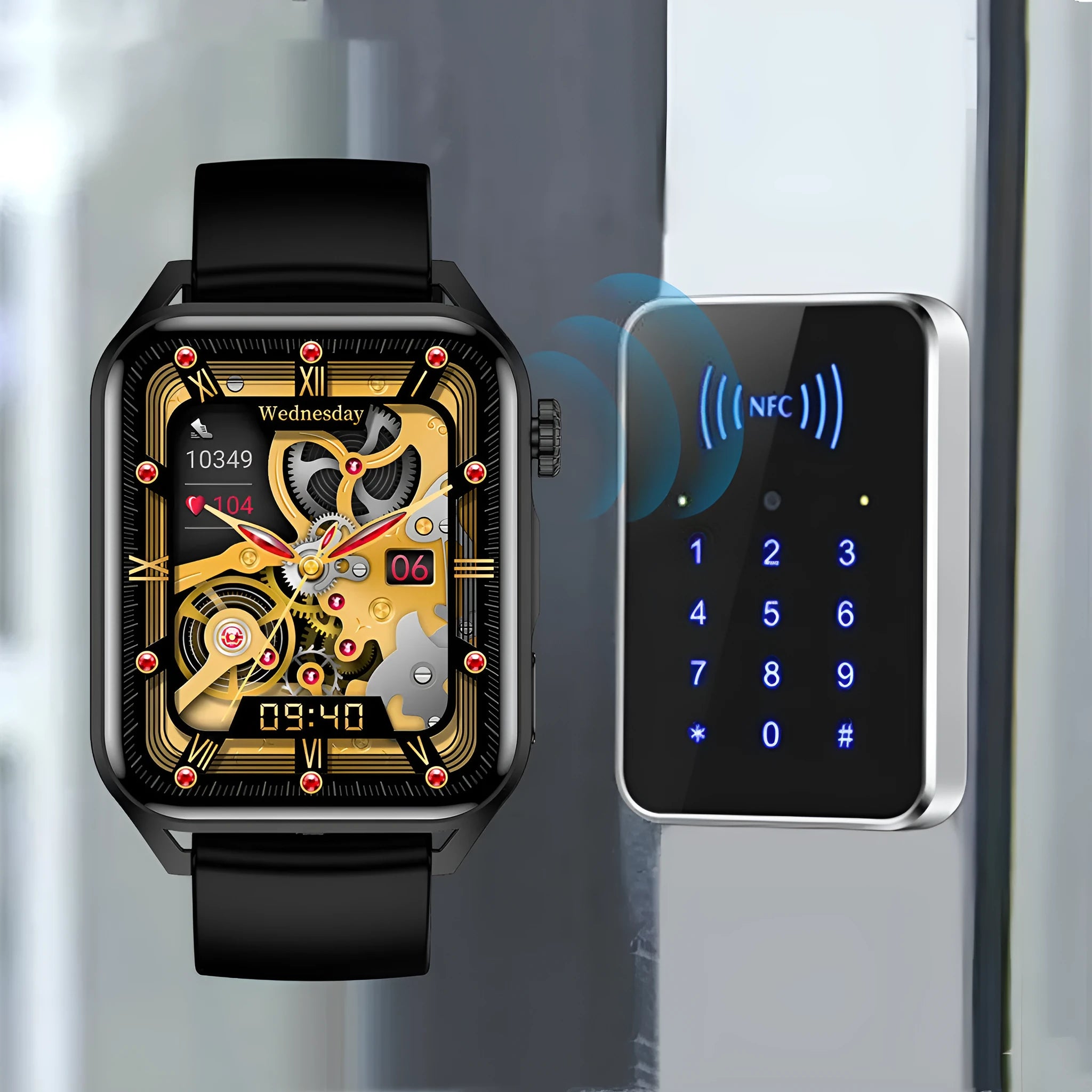 AMOLED NFC smart watch with 1.8 inch display in black colour showing multiple watch faces and magnetic charger