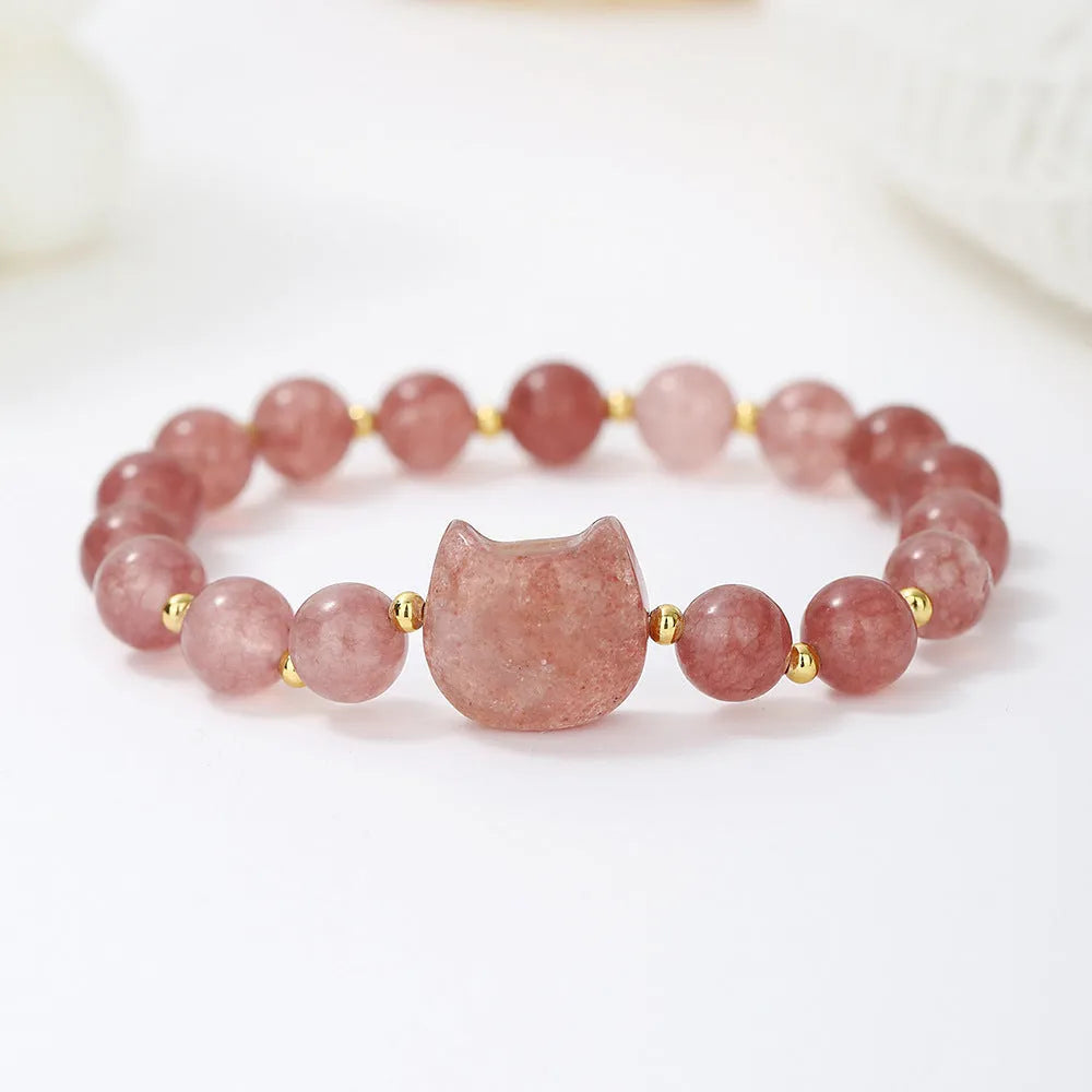 Natural stone cat head charm bracelet in Gray Moonlight colour – hand-strung stone beads on cord