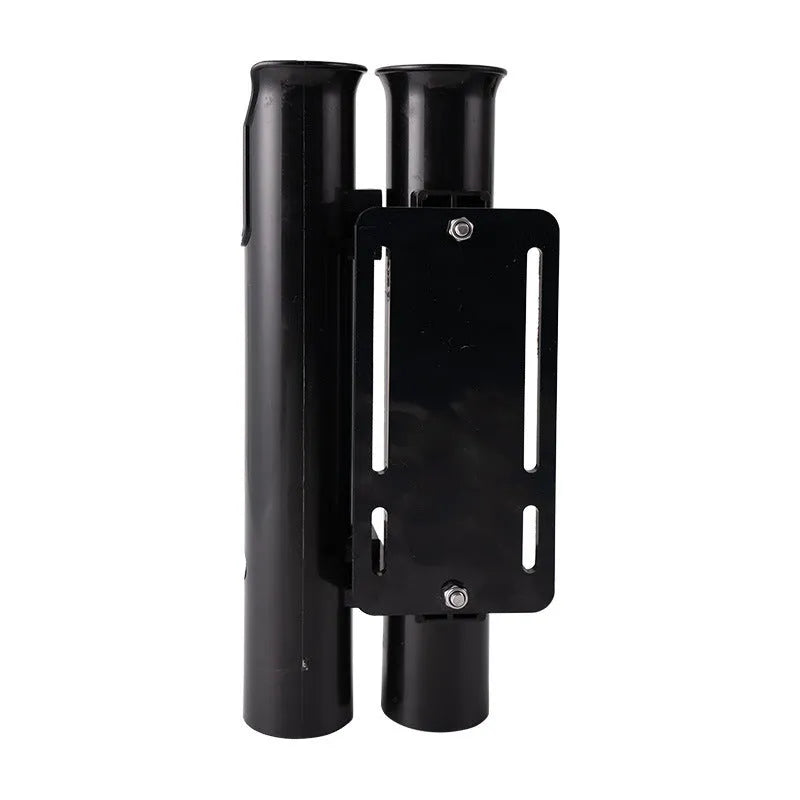 Plastic fishing rod rack with carbon finish mounted on a bicycle handlebar
