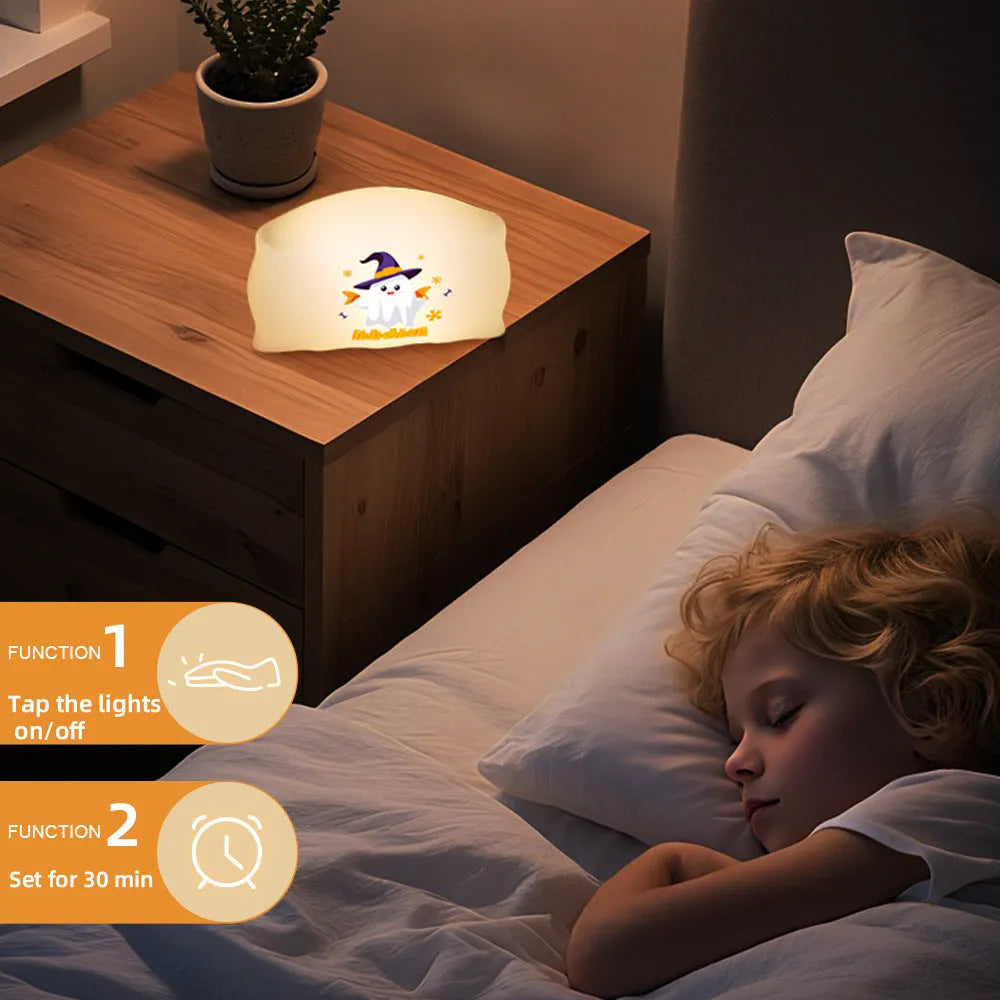 Cartoon Halloween doll table lamp in Magic Ghost or Pumpkin Ghost design, showing warm LED light and compact size.