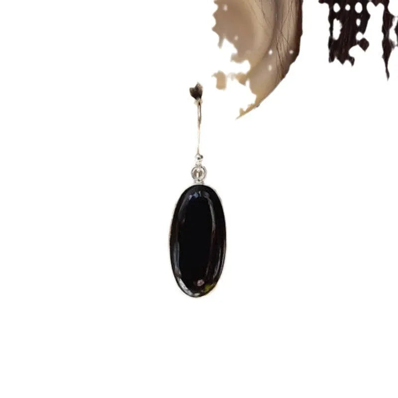 Chinese style women's earrings with oval black agate pendant and 925 silver electroplated alloy construction