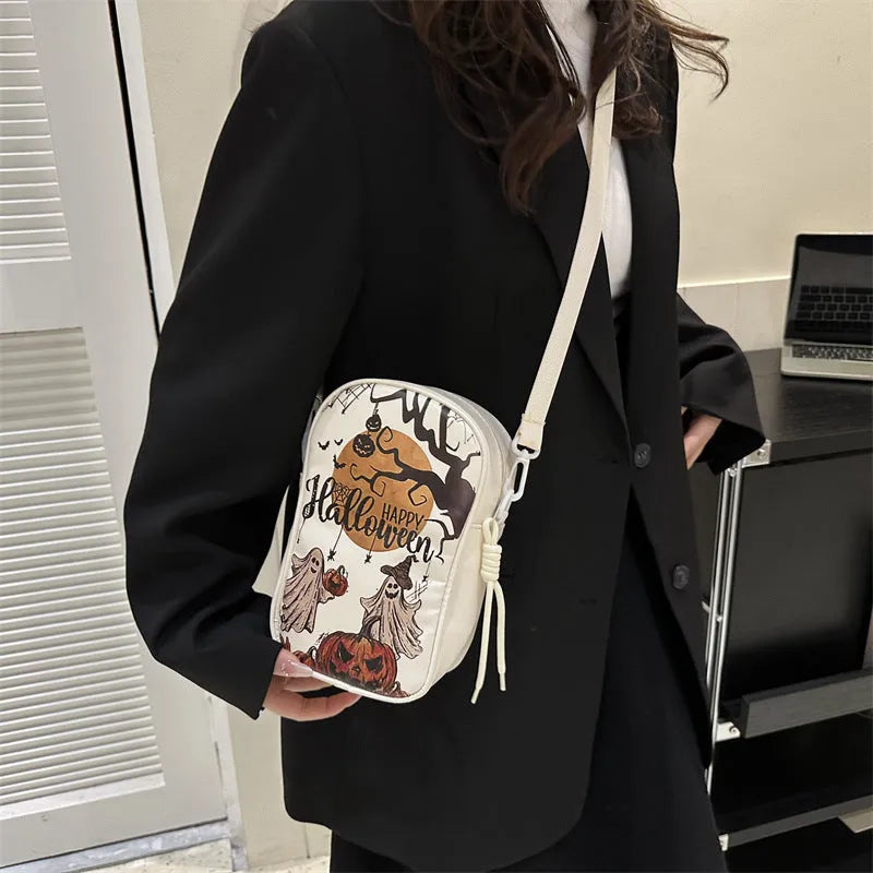 Halloween graffiti phone crossbody bag with cartoon pumpkin ghost bat print