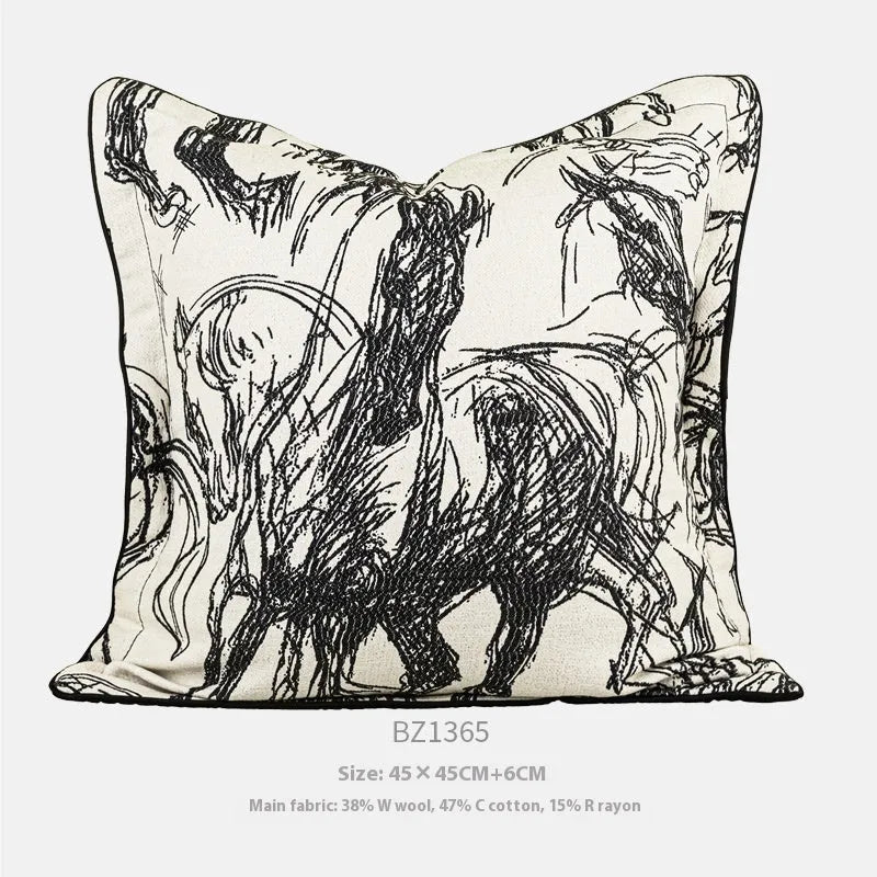 Modern abstract golden horse jacquard cushion in square and waist pillow sizes with colour options