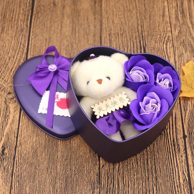 Soap flower gift box heart shaped tin box with bear figure red pink blue purple gradient handmade