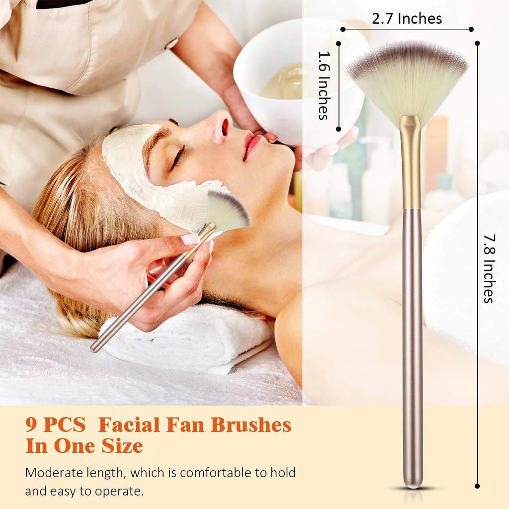 Ten champagne-finished acrylic handle facial fan brushes with protective covers