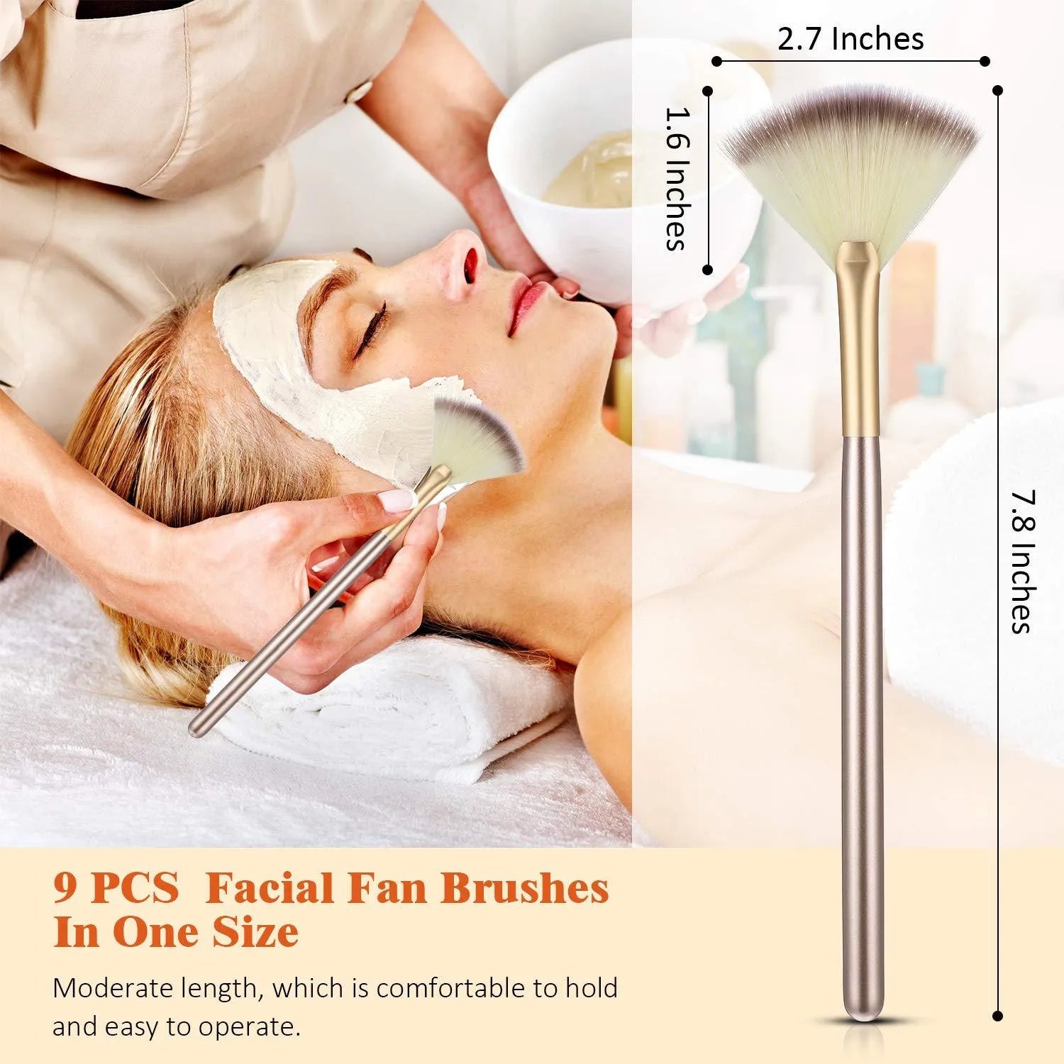 Ten champagne-finished acrylic handle facial fan brushes with protective covers