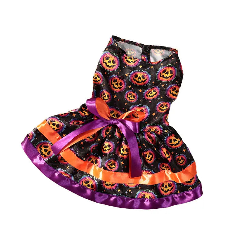 Halloween dog skirt with colourful pumpkin print, double-layer design