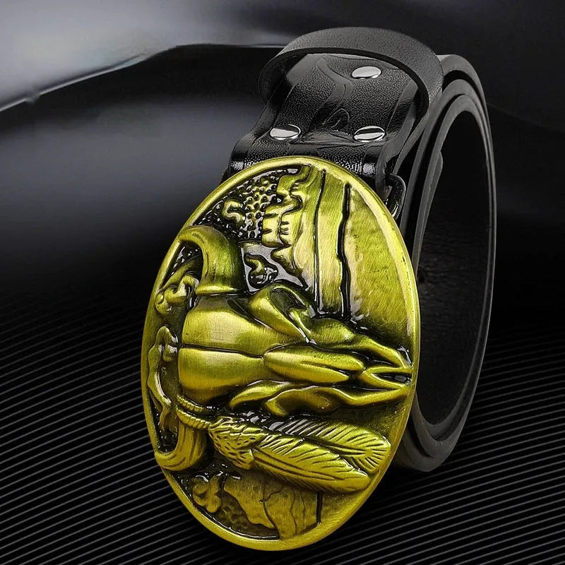 Men's black imitation leather belt with a detailed silver alloy cow head buckle and pin buckle fastening.