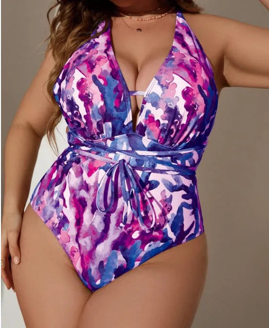 Women's solid colour halter bikini swimsuit in blue or purple with briefs style